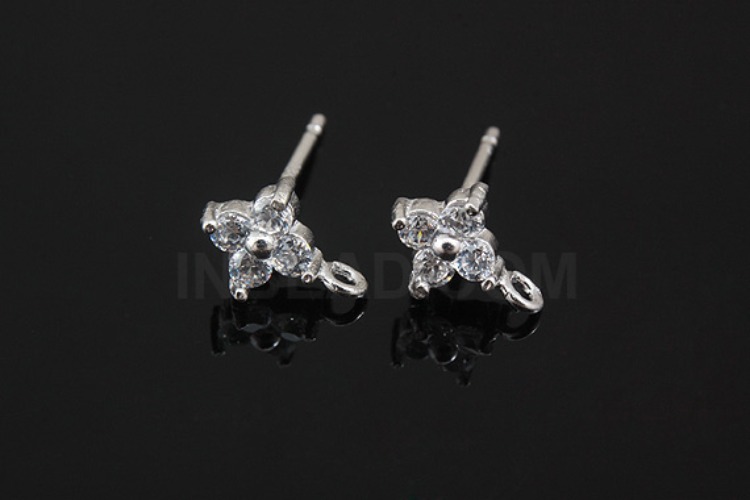 K583-Rhodium Plated-(1pairs)-CZ Clover Earring Component-Wholesale Silver Earrings, [PRODUCT_SEARCH_KEYWORD], JEWELFINGER-INBEAD, [CURRENT_CATE_NAME]