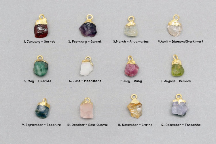 [W] ID002-Gold Plated January~December Each 5pcs 12set-(60pcs)-Natural Birthstone Charms,Rough Birthstone Gold Plated Necklace Pendant,Natural Raw Rough Gemstone Charms, [PRODUCT_SEARCH_KEYWORD], JEWELFINGER-INBEAD, [CURRENT_CATE_NAME]