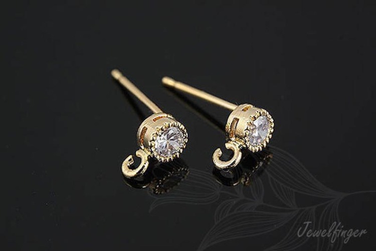 H533-Gold Plated (1pairs)-Round Cubic Ear Post-4mm CZ Post Ear Stud-Earring component-Silver Post, [PRODUCT_SEARCH_KEYWORD], JEWELFINGER-INBEAD, [CURRENT_CATE_NAME]