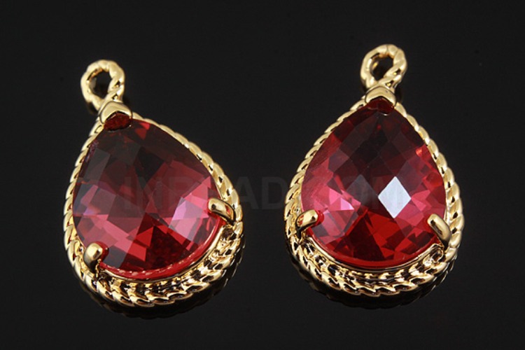 M785-Gold Plated-(2pcs)-Ruby Glass Drop Pendant-Framed Glass Ruby-Wholesale Glass, [PRODUCT_SEARCH_KEYWORD], JEWELFINGER-INBEAD, [CURRENT_CATE_NAME]