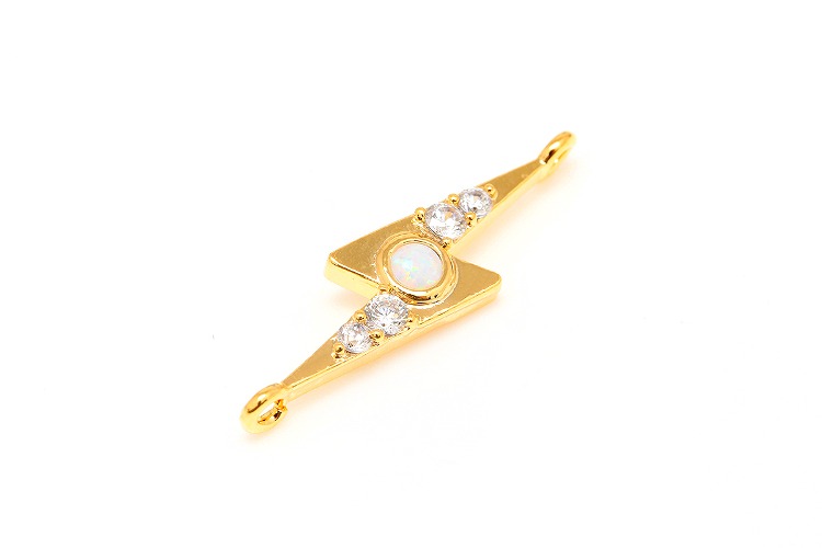 E783-Gold Plated-(2pcs)-6*25mm 2Hole White Opal &amp; Cubic Thunderbolt Pendant-Opal Lightning Bolt Connector-Necklace Earring Making Supply, [PRODUCT_SEARCH_KEYWORD], JEWELFINGER-INBEAD, [CURRENT_CATE_NAME]